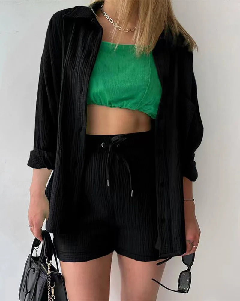 Summer Women's Suit Short Sets Outfits Muslin Suit For Women 2025 Two Piece Female Clothing Solid Button Outfits