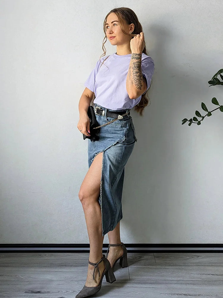 Streamgirl Irregular Split Denim Skirts For Women Midi Summer Casual Tassel Denim Skirt Lady Sexy A Line Jeans Skirt Women 2024