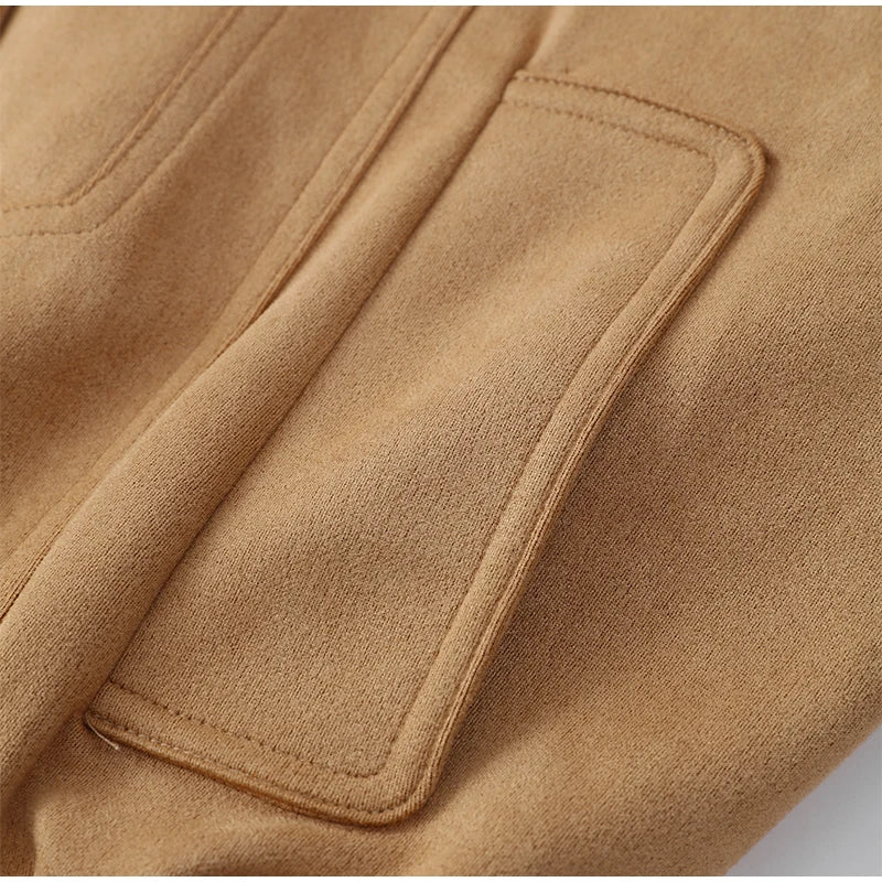 Women's Brown Suede Short Jackets Casual Lapel Zippered Full Sleeves Pocket Loose Short Coats 2025 Autumn Daily Commute Outwear