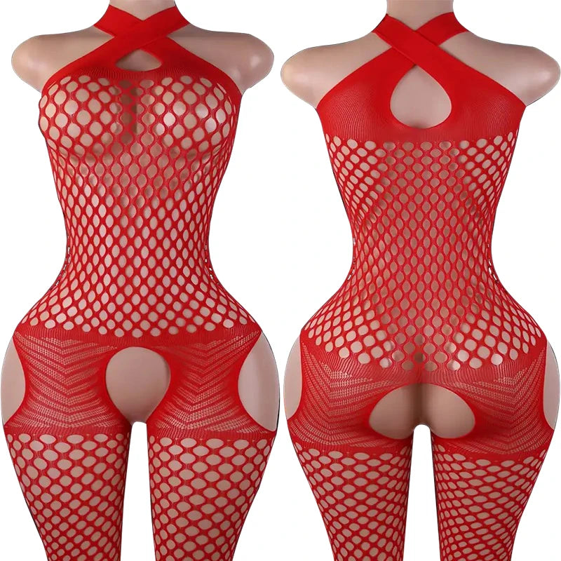 Erotic Crotchless Lingerie For Women Mesh Translucent Bra Set Lace Floral Print Bodysuit Fishnet Sexy Hollow Out Underwear Set