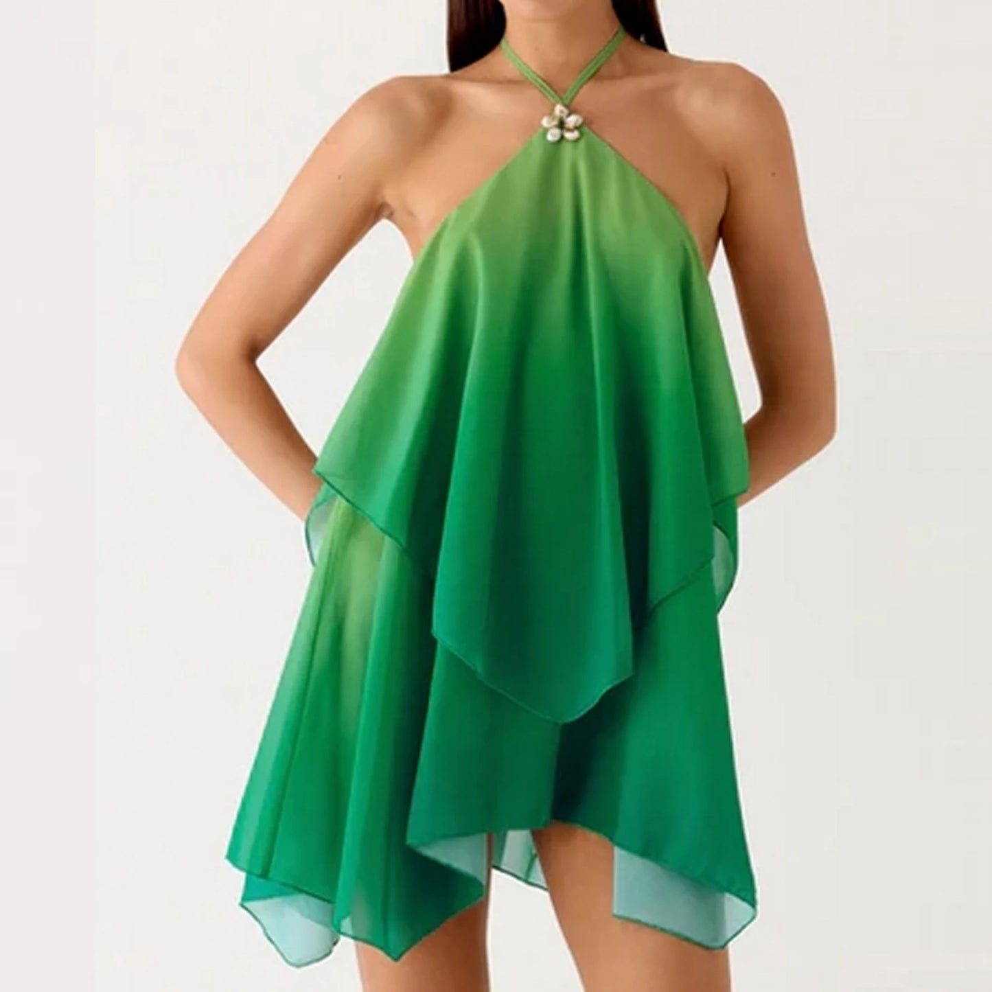 Women Ruffles Halter Neck Mini Dress Summer Mock Neck Open Back Tiered Dress Y2K Backless Mesh Layered Going Out Dresses