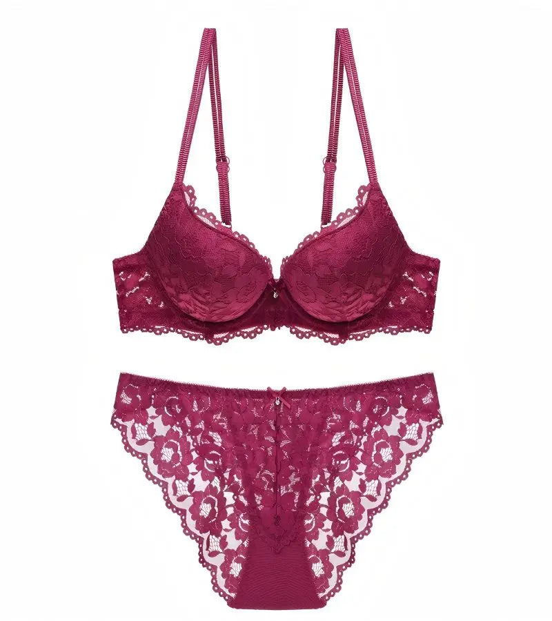 Sexy Lace Floral Women's Underwear Set Double Straps Push-Up Bra Hollow-Out Sexy Panties
