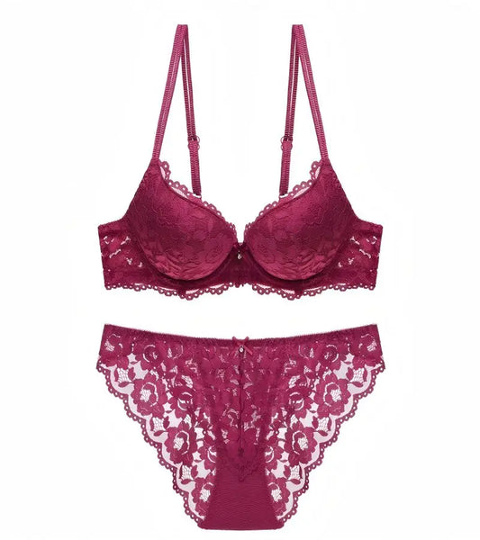 Sexy Lace Floral Women's Underwear Set Double Straps Push-Up Bra Hollow-Out Sexy Panties