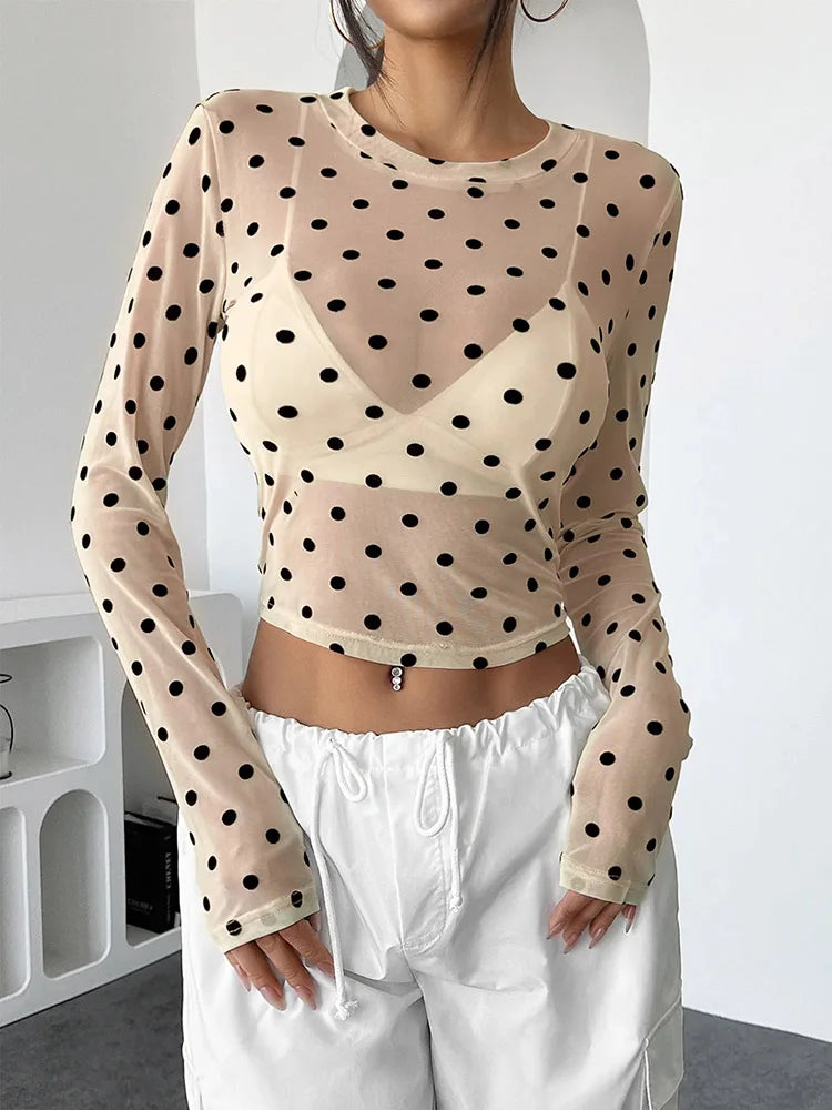 Women's Polka Dot Long Sleeve Mesh Top See through Sheer Blouse Y2K Crop Top for Date Night Club Party Going out Sexy Clothes