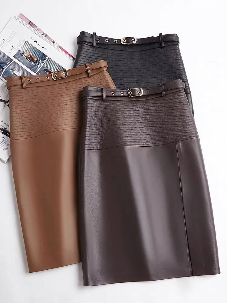 2025 New Spring Women Genuine Leather Skirt Feminino Slim Leopard Pattern Split  Wrapped Jupe Mujer Mid Length Striped Belt Saia