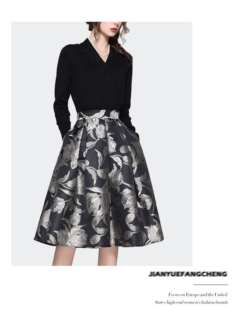 Women Grey Floral Mid-length Skirt 2024 Spring New HIgh Waist A-Line Pleated Knee-length Skirts With Pockets Tutu Skirts