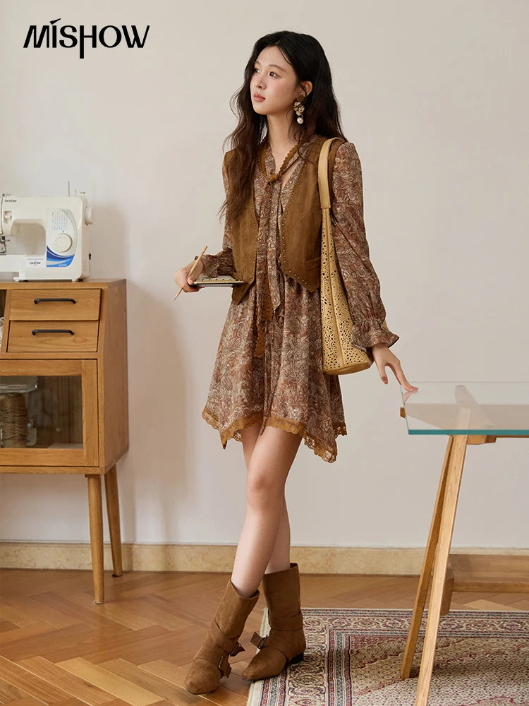 MISHOW Suede Vest Jacket for Women 2025 Autumn French Vintage Sleeveless Thin Vest Coat Rivet Design V-neck Vests MXE46W0863