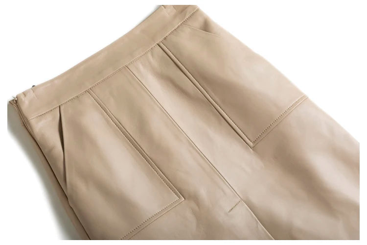 Lambskin Skirt for Women Commuting OL Simplified Vertical Cut 100% Leather Front Split Jupe Mujer Pockets Black Wrap Midi Skirt