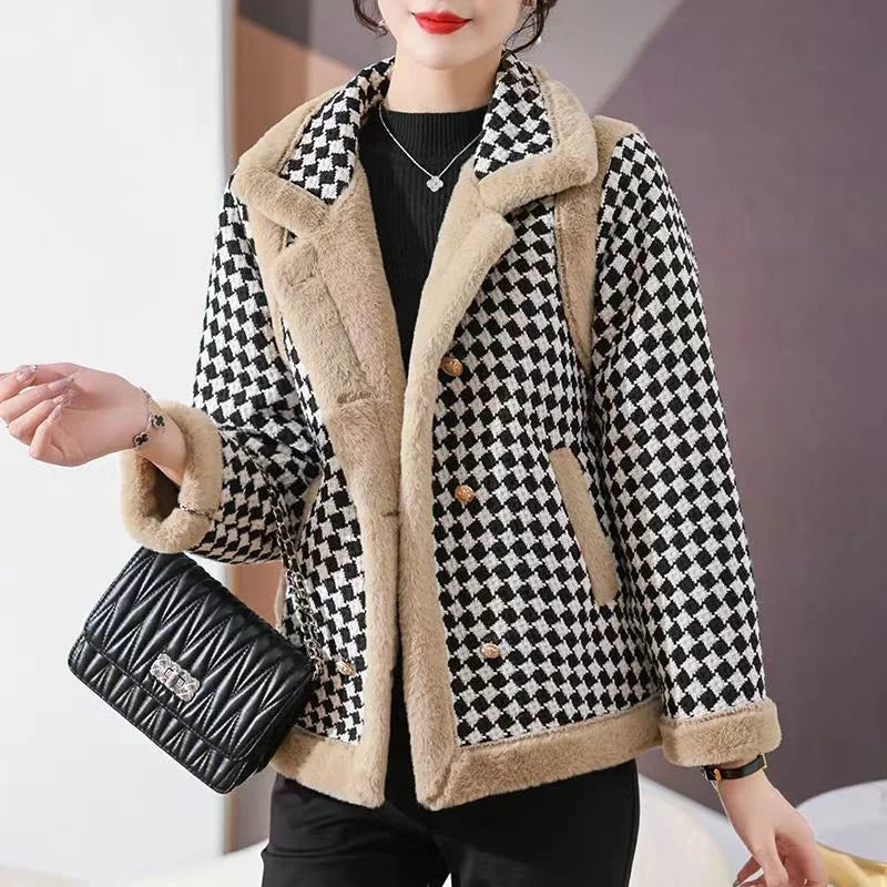 New Autumn And Winter Clothes With Velvet Padded Coat Female Short Korean Version Woolen Lattice Temperament Keep Warm Coat