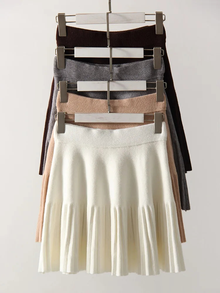 Black Mini Pleated Skirt Gray Women Elastic Waist Short Knitted Skirt For Autumn White A Line Knit Short School Skirt For Women