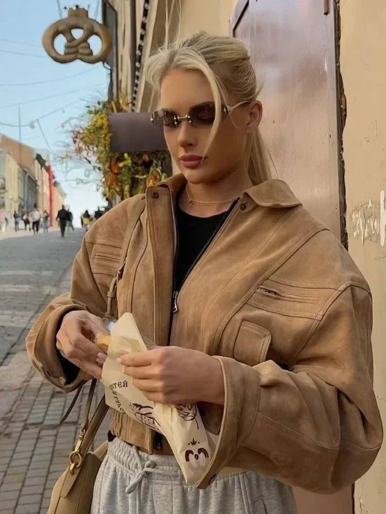 Women's Brown Suede Short Jackets Casual Lapel Zippered Full Sleeves Pocket Loose Short Coats 2025 Autumn Daily Commute Outwear