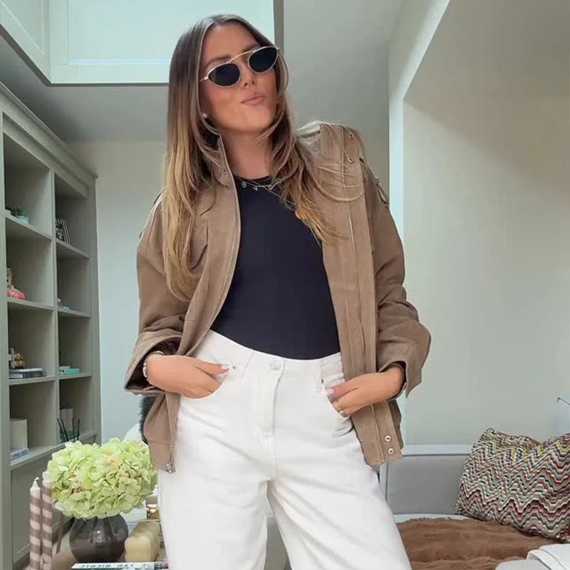 Women's Brown Suede Short Jackets Casual Lapel Zippered Full Sleeves Pocket Loose Short Coats 2025 Autumn Daily Commute Outwear