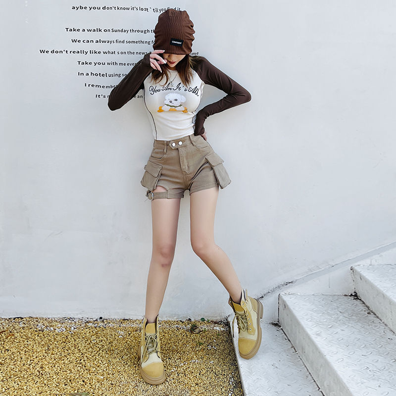 High Waisted Cargo Shorts Khaki Chic Pockets Jeans Shorts Sexy Girl Summer Clothes for Women