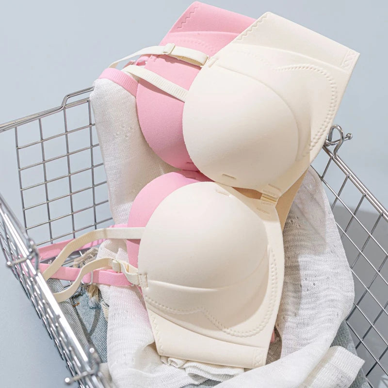 Strapless Anti-Slip Bra for Women with Small Breasts Front Buckle Gathered Design to Enhance Bust Size And Thickness