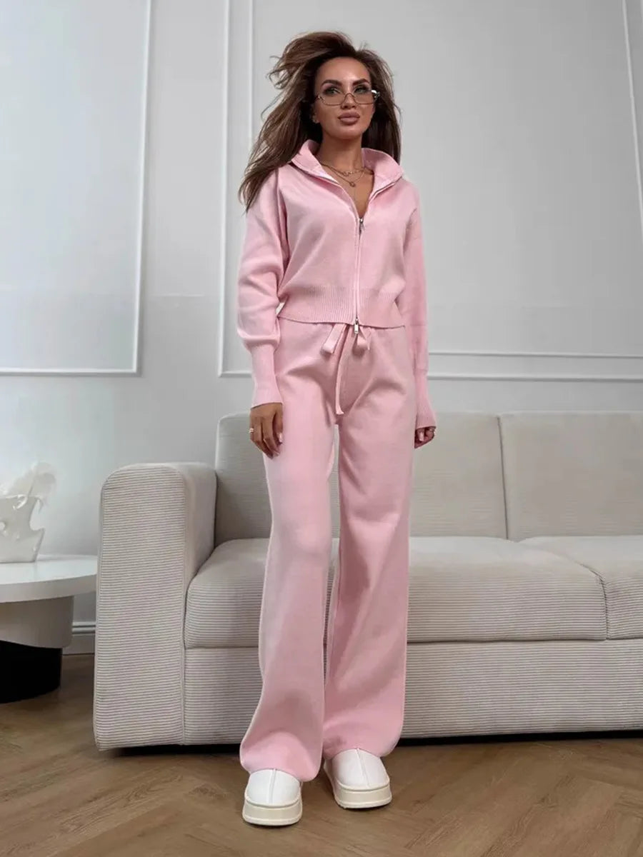 Wolfeel  New Autumn Winter Zip Up Knit Pants Set Women's Trendy Slim Fit Cardigan Pants Chic Commuting Sweater Outfit