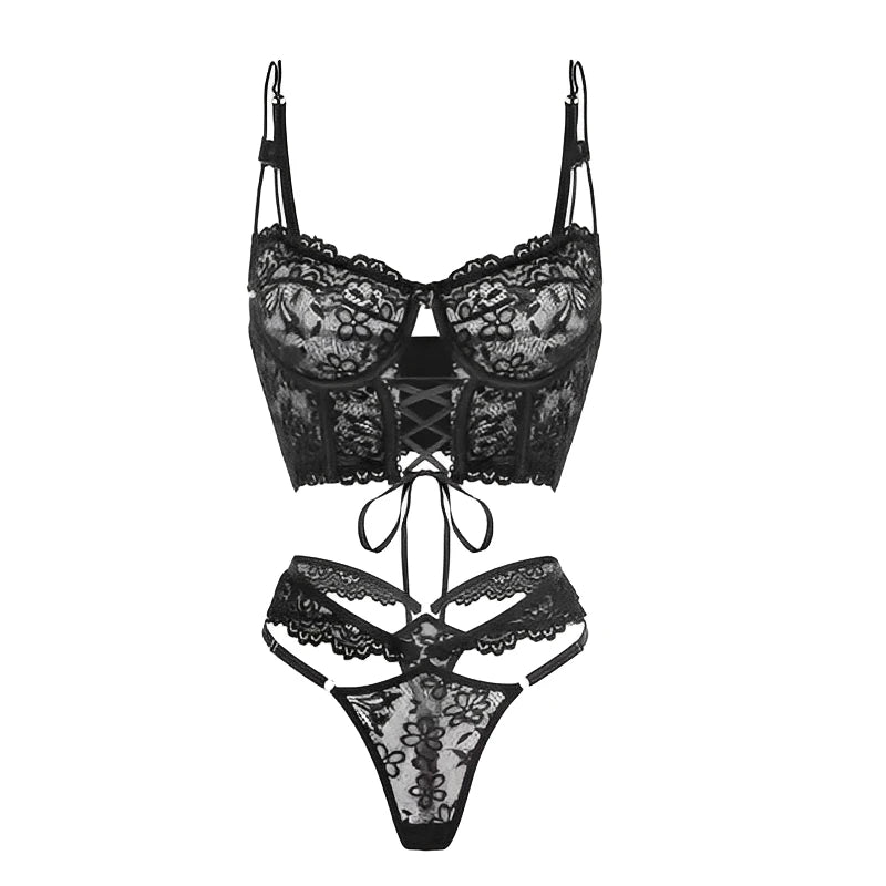 Bra Brief Sets Female Transparent Sexy Romantic Lingerie Black Lace Underwear Flowers Sensual See Through Hot Set