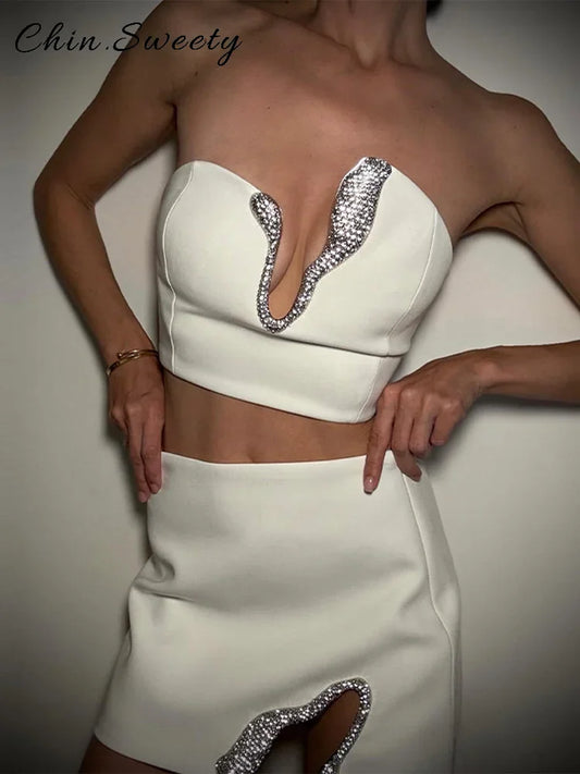 Sexy Asymmetric Rhinestone Short Skirt Set Women Solid  Strapless Sleeveless Crop Tops Mini Skirts 2026 Spring Lady Elegant Gown