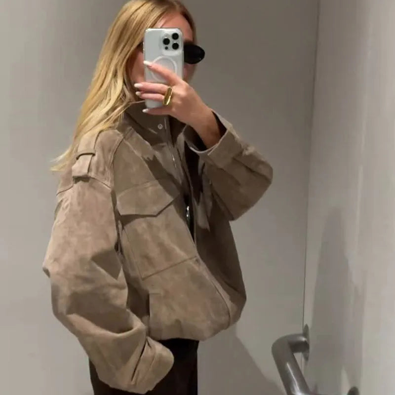 Women's Brown Suede Short Jackets Casual Lapel Zippered Full Sleeves Pocket Loose Short Coats 2025 Autumn Daily Commute Outwear