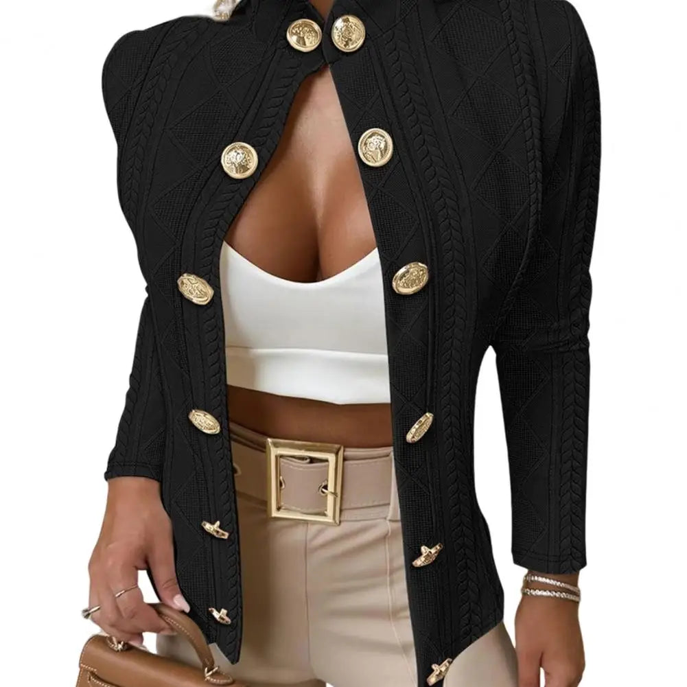 Fall Winter Women Jacket Slim Fit Metal Buttons Stand Collar Long Sleeves Jacquard Coat Solid Color OL Commuting Coat For Work