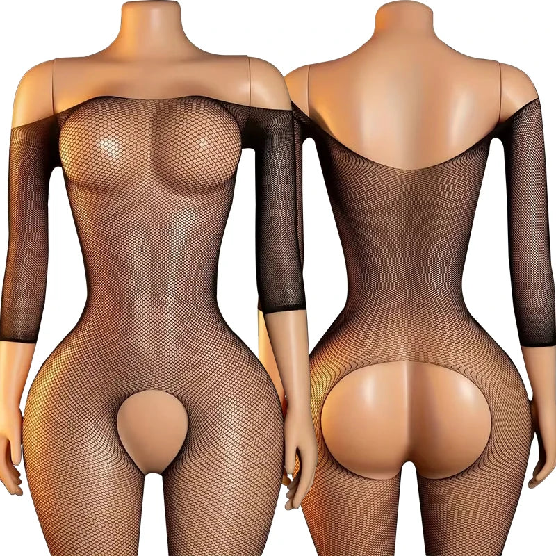 Erotic Crotchless Lingerie For Women Mesh Translucent Bra Set Lace Floral Print Bodysuit Fishnet Sexy Hollow Out Underwear Set