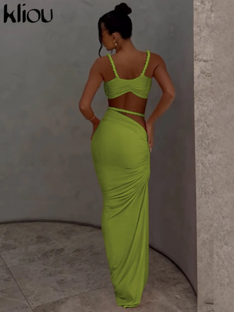 kliou Woven Sexy Women 2 Piece Set Stunning Hot Solid Pleated Crop Camisoles+High Waist Maxi Skirts Female Trend Vacation Outfit