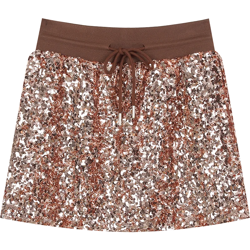 2025 Autumn ELFSACK New Arrivals Sequined pink brown heavy sequined personalized drawstring elastic waist high waist hip skirt f
