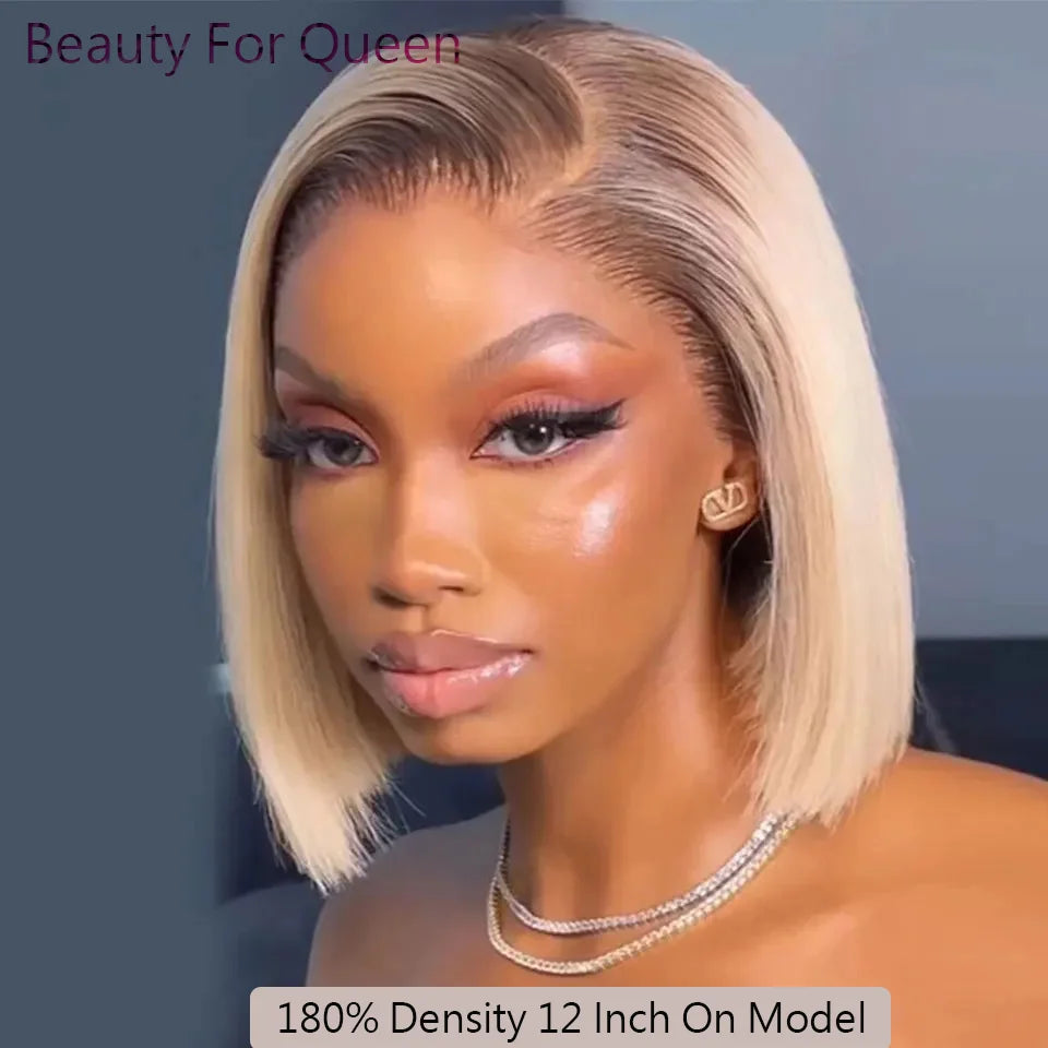 Ombre Blonde Short Bob Wig Lace Front Human Hair Wigs For Women Straight 180% Density Dark Roots Glueless 13x6 Lace Frontal Wig