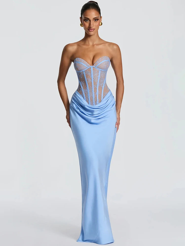 Mozision Lace Corset Satin Mermaid Maxi Dress Women Elegant Strapless Sweetheart Neck Ruched Waist Bodycon Evening Party Gown