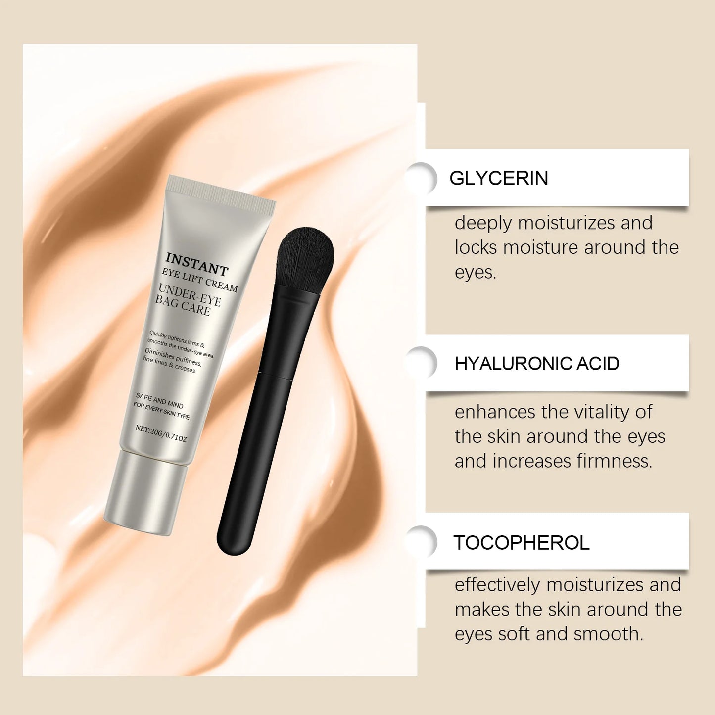 Instant Eye Care Cream With Brush Lasting Moisturizing Firming Smoothing Fine Lines Anti-Aging Eye Bag Removal Skin Care