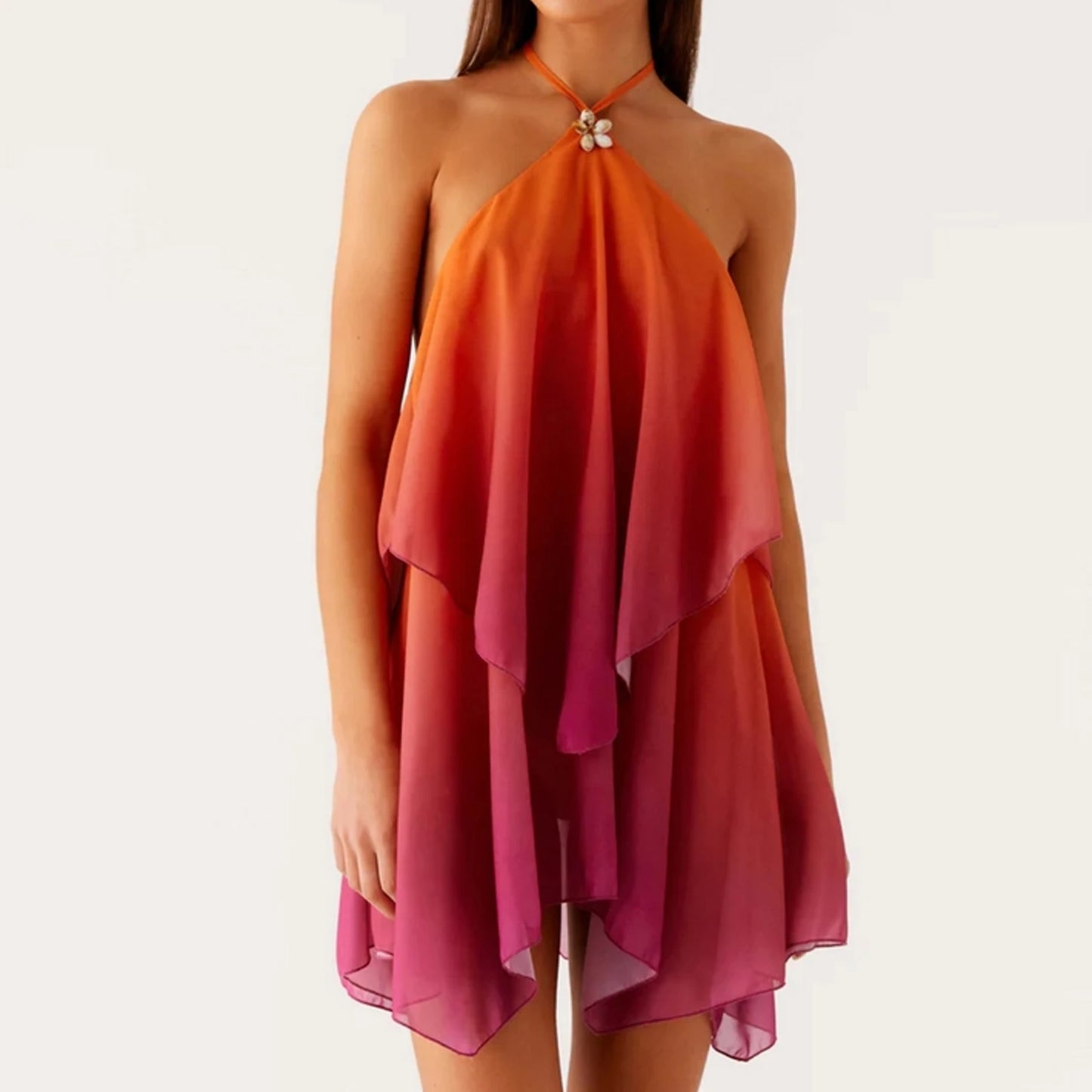 Women Ruffles Halter Neck Mini Dress Summer Mock Neck Open Back Tiered Dress Y2K Backless Mesh Layered Going Out Dresses