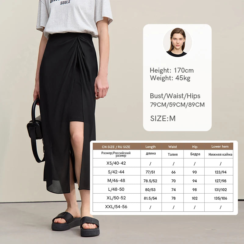 Amii Women's Skirt 2026 Summer Elegant Chiffon Midi Skirt Pleated Side Slit Office Casual Versatile Women's Clothing 12612002