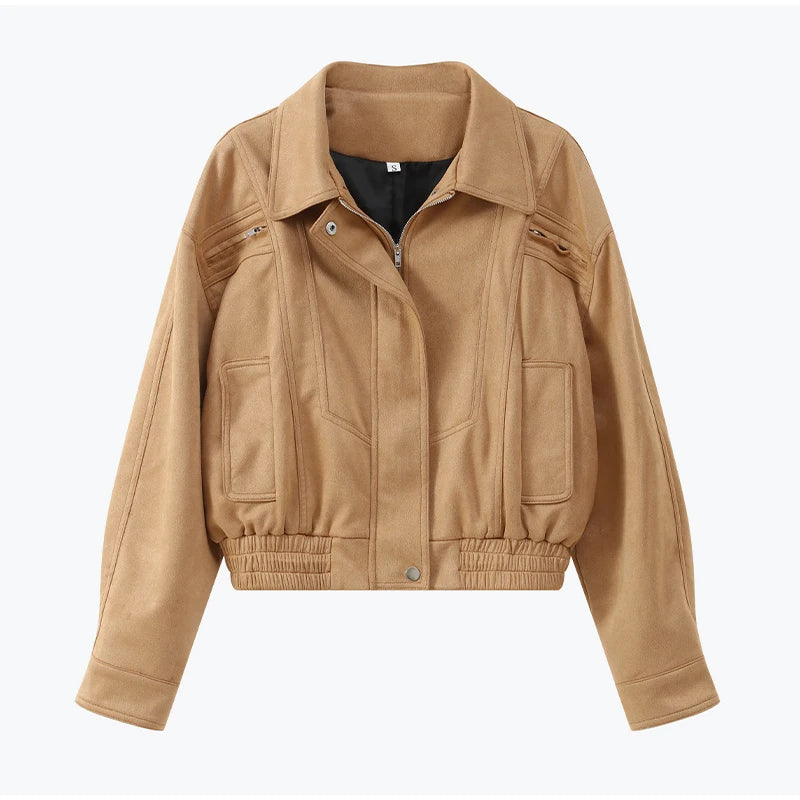 Women's Brown Suede Short Jackets Casual Lapel Zippered Full Sleeves Pocket Loose Short Coats 2025 Autumn Daily Commute Outwear