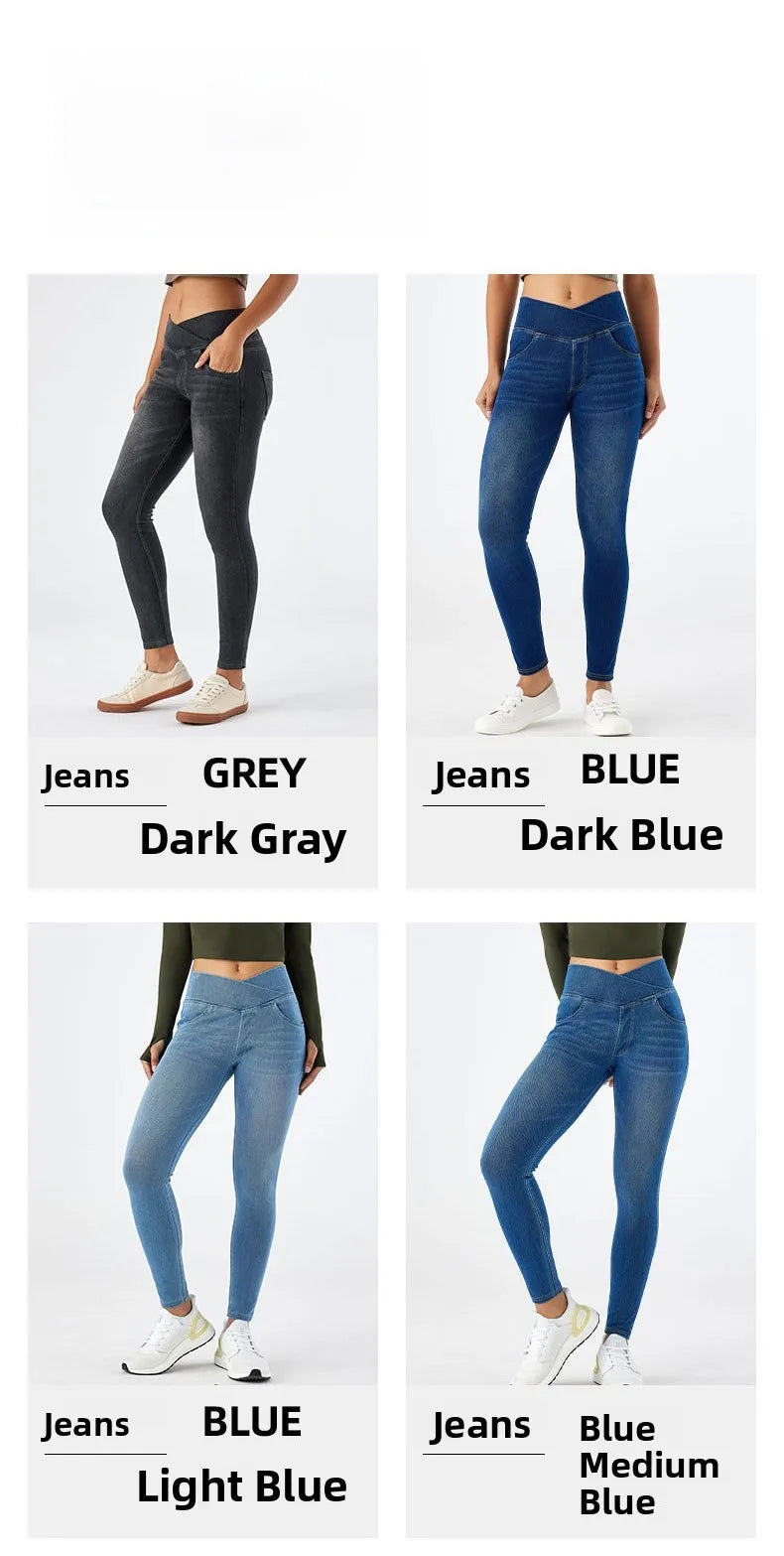 High Waist Cross Fit Women's Skinny Jeans Elastic Fitness Casual Pants Cotton Polyester Inner Lining Running Exercise Jeans