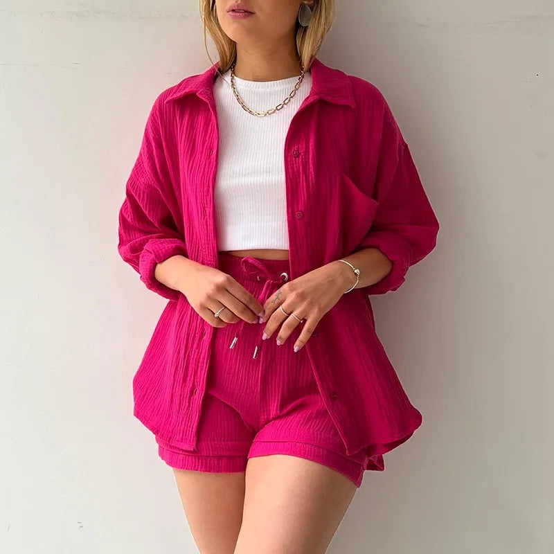 Summer Women's Suit Short Sets Outfits Muslin Suit For Women 2025 Two Piece Female Clothing Solid Button Outfits