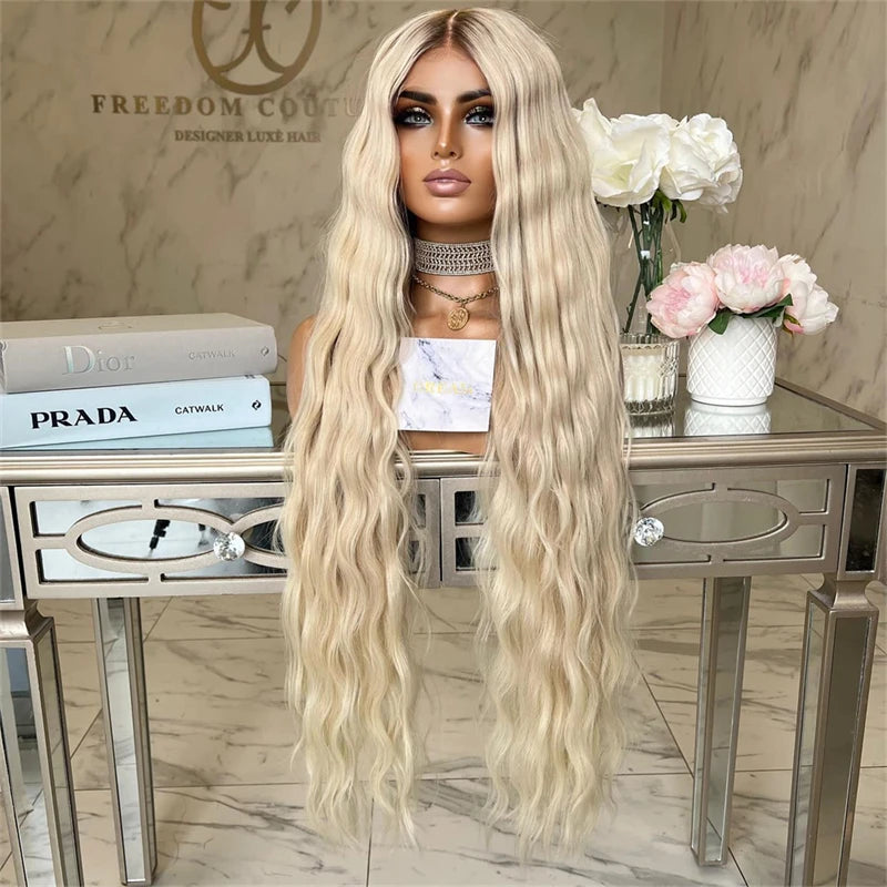 Ombre Lace Front Wig Cosplay Party Blonde Synthetic Wig Ombre Blonde Deep Wave High Heat Fiber 34inchs Long Lace Frontal Wig