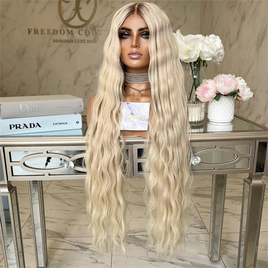 Ombre Lace Front Wig Cosplay Party Blonde Synthetic Wig Ombre Blonde Deep Wave High Heat Fiber 34inchs Long Lace Frontal Wig