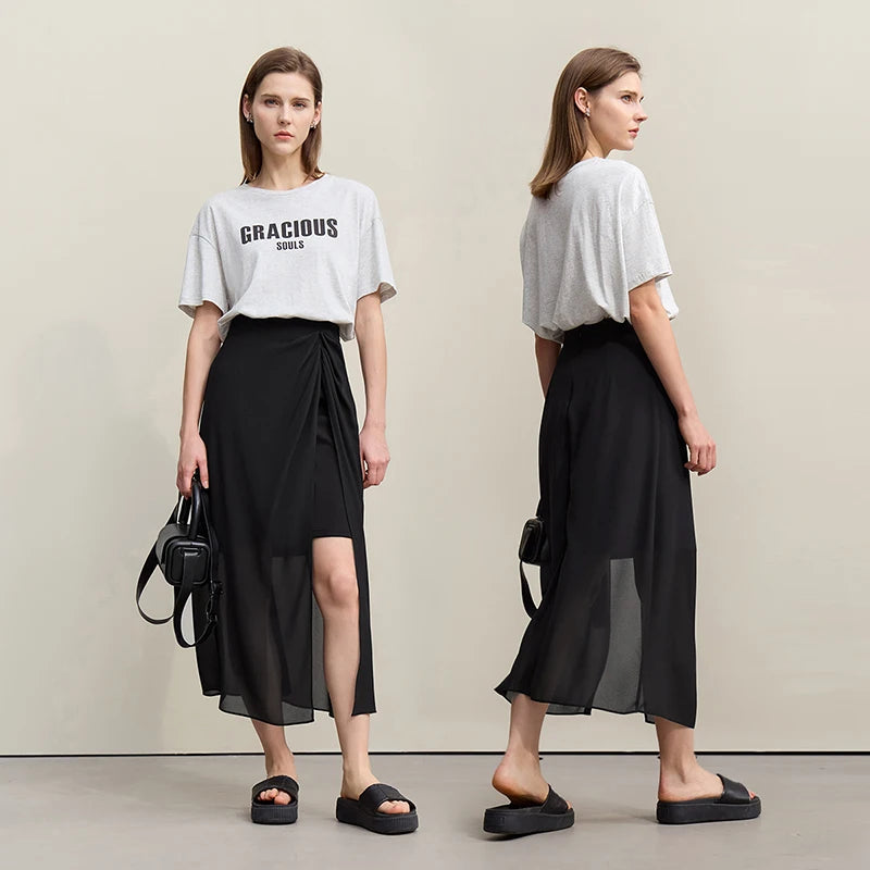 Amii Women's Skirt 2026 Summer Elegant Chiffon Midi Skirt Pleated Side Slit Office Casual Versatile Women's Clothing 12612002