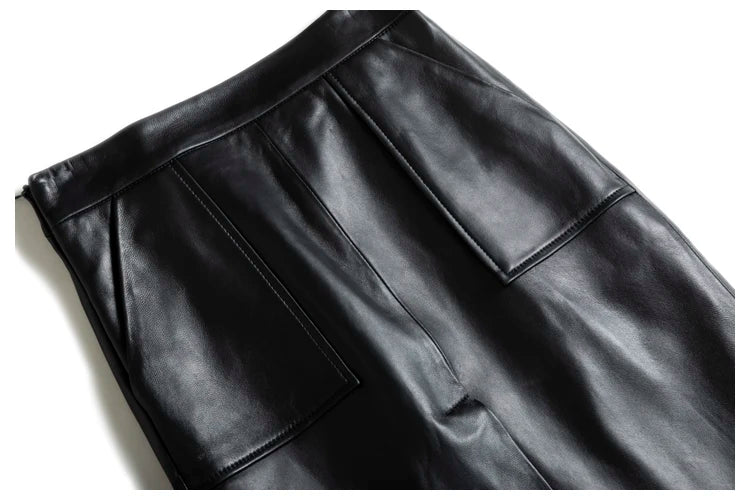 Lambskin Skirt for Women Commuting OL Simplified Vertical Cut 100% Leather Front Split Jupe Mujer Pockets Black Wrap Midi Skirt