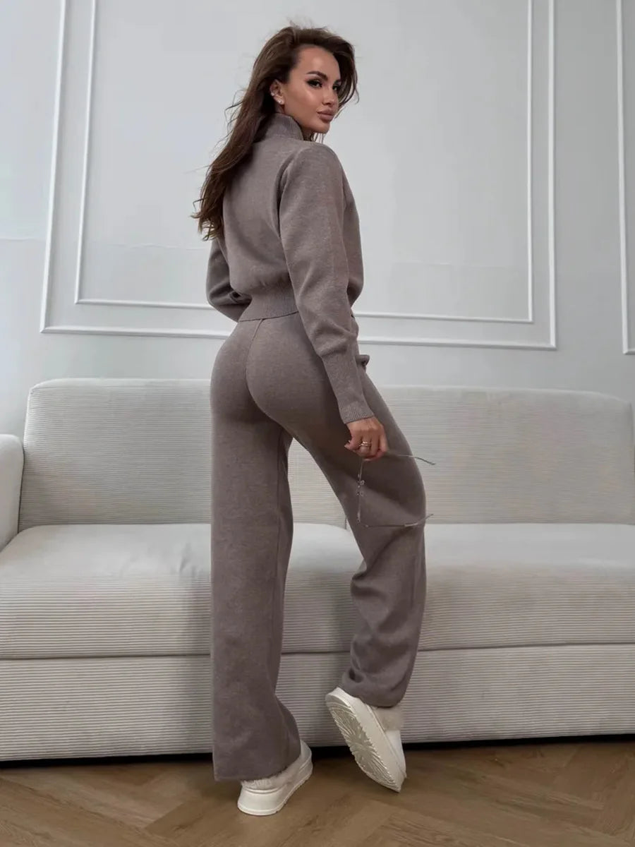 Wolfeel  New Autumn Winter Zip Up Knit Pants Set Women's Trendy Slim Fit Cardigan Pants Chic Commuting Sweater Outfit