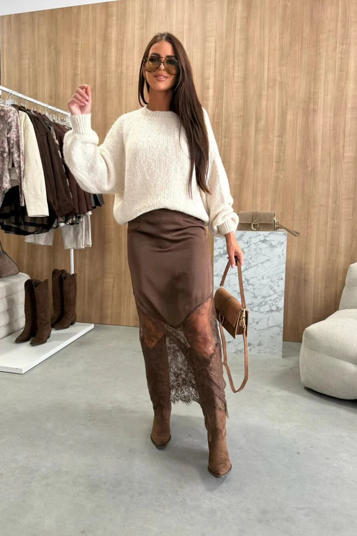 Women Patchwork Lace Skirts 2026 New Vintage High Waist Slim Hollow Out Maxi Skirts Autumn Brown Fashion Party Club Boho Skirt