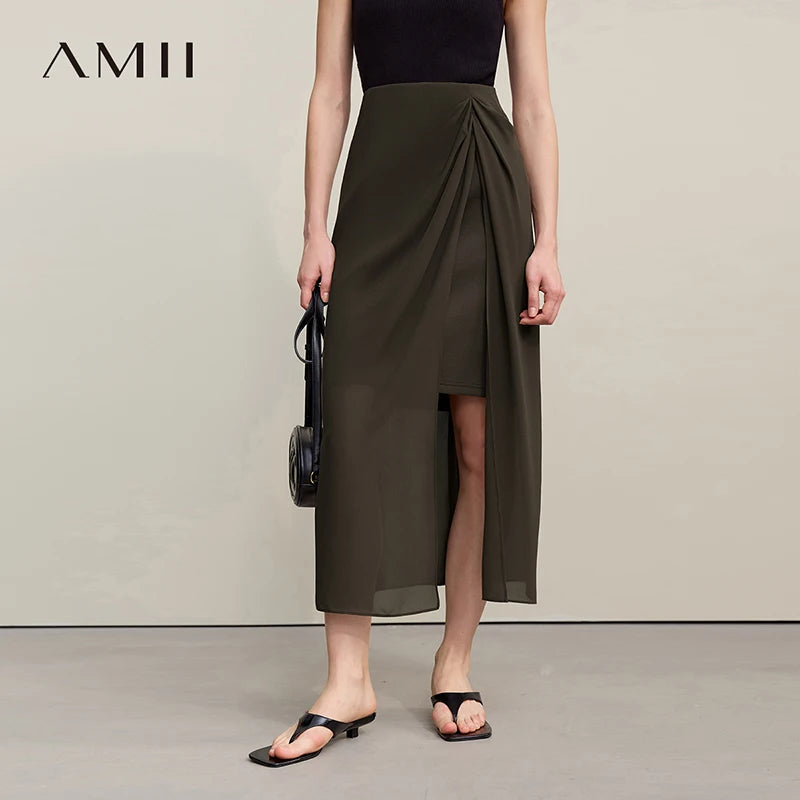 Amii Women's Skirt 2026 Summer Elegant Chiffon Midi Skirt Pleated Side Slit Office Casual Versatile Women's Clothing 12612002