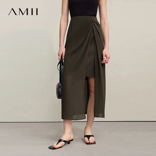 Amii Women's Skirt 2026 Summer Elegant Chiffon Midi Skirt Pleated Side Slit Office Casual Versatile Women's Clothing 12612002
