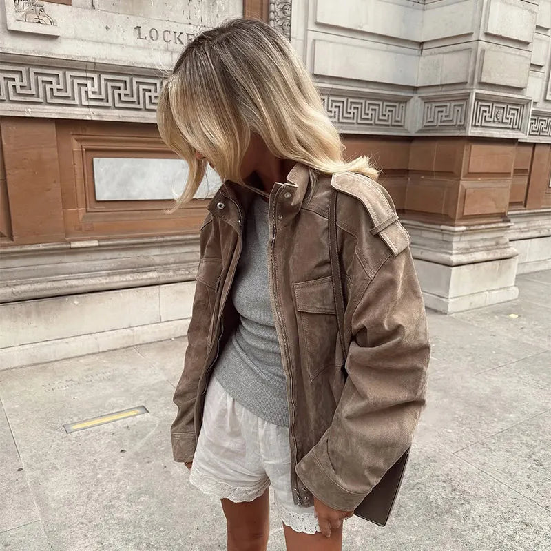 Women's Brown Suede Short Jackets Casual Lapel Zippered Full Sleeves Pocket Loose Short Coats 2025 Autumn Daily Commute Outwear