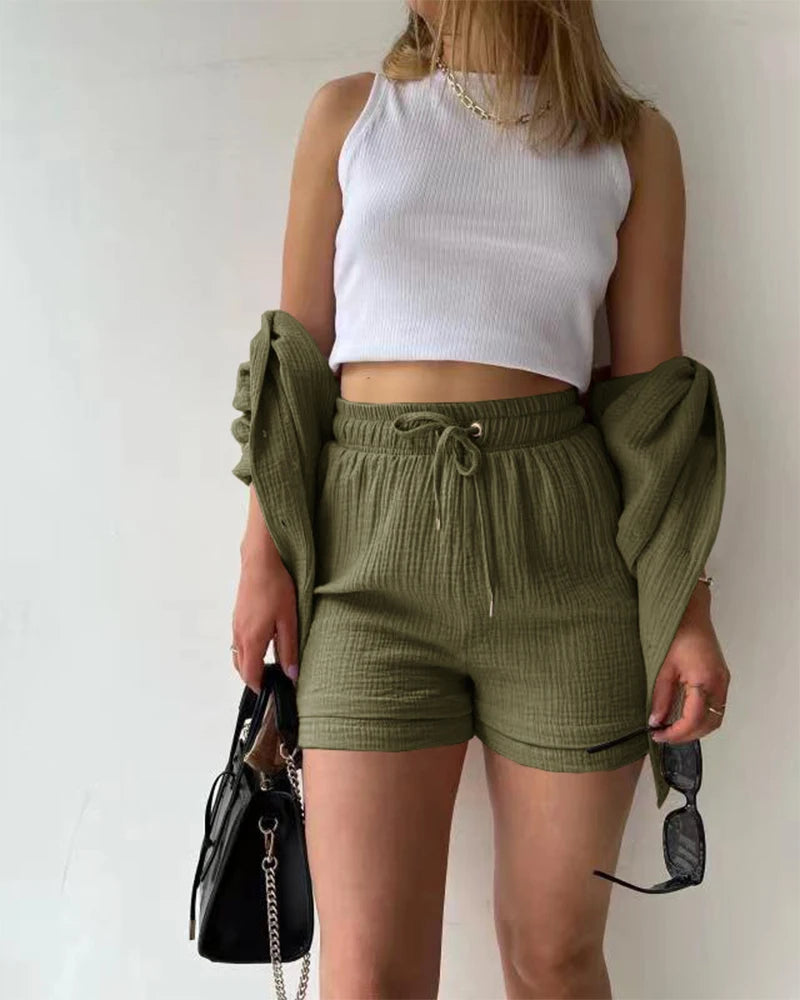 Summer Women's Suit Short Sets Outfits Muslin Suit For Women 2025 Two Piece Female Clothing Solid Button Outfits