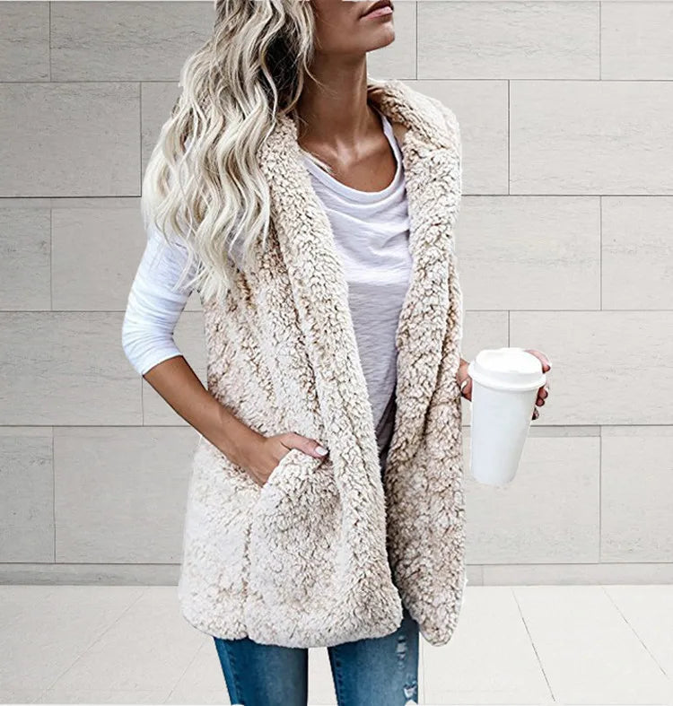 Women Fleece Coats Summer Fashion Pocket Sleeveless Long Loose Waistcoats Outwear LRFZ-6699