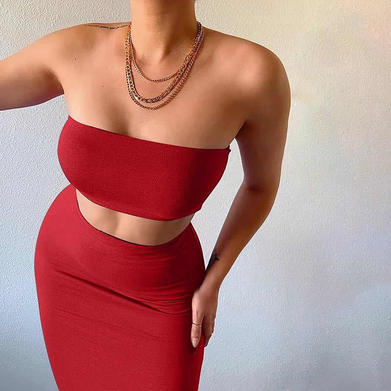 Hugcitar Women Elegant 2 Pcs Sets Strapless Sexy Tube Crop Tank Top Maxi Skirt 2025 Summer Women Casual Clothes Party Festival