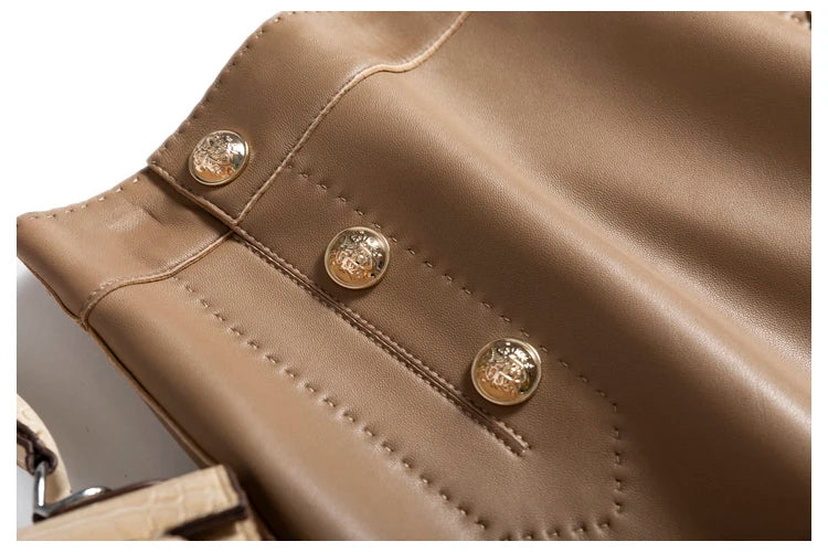 Moda Linda Lambskin Mini Skirts Women Handmade Arch Needle High Waist Wrap Leather Etek Khaki Double Breasted Metal Button Jupe
