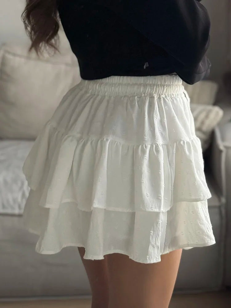 Streamgirl Women Mini Skirts With Shorts Under Summer Clothes Tie Up A Line Short White Pleated Ruffled Layered Skirt For Women