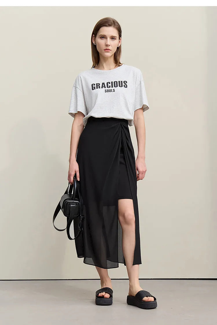 Amii Women's Skirt 2026 Summer Elegant Chiffon Midi Skirt Pleated Side Slit Office Casual Versatile Women's Clothing 12612002
