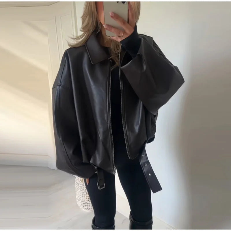 The Belted PU Bomber Jacket